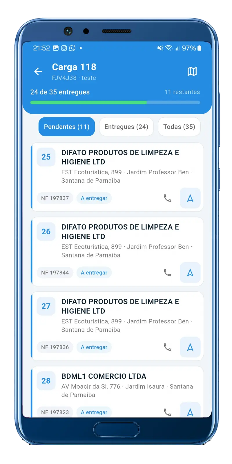 Lista de entregas da carga no app, já na ordem sequenciada pela roteirização.