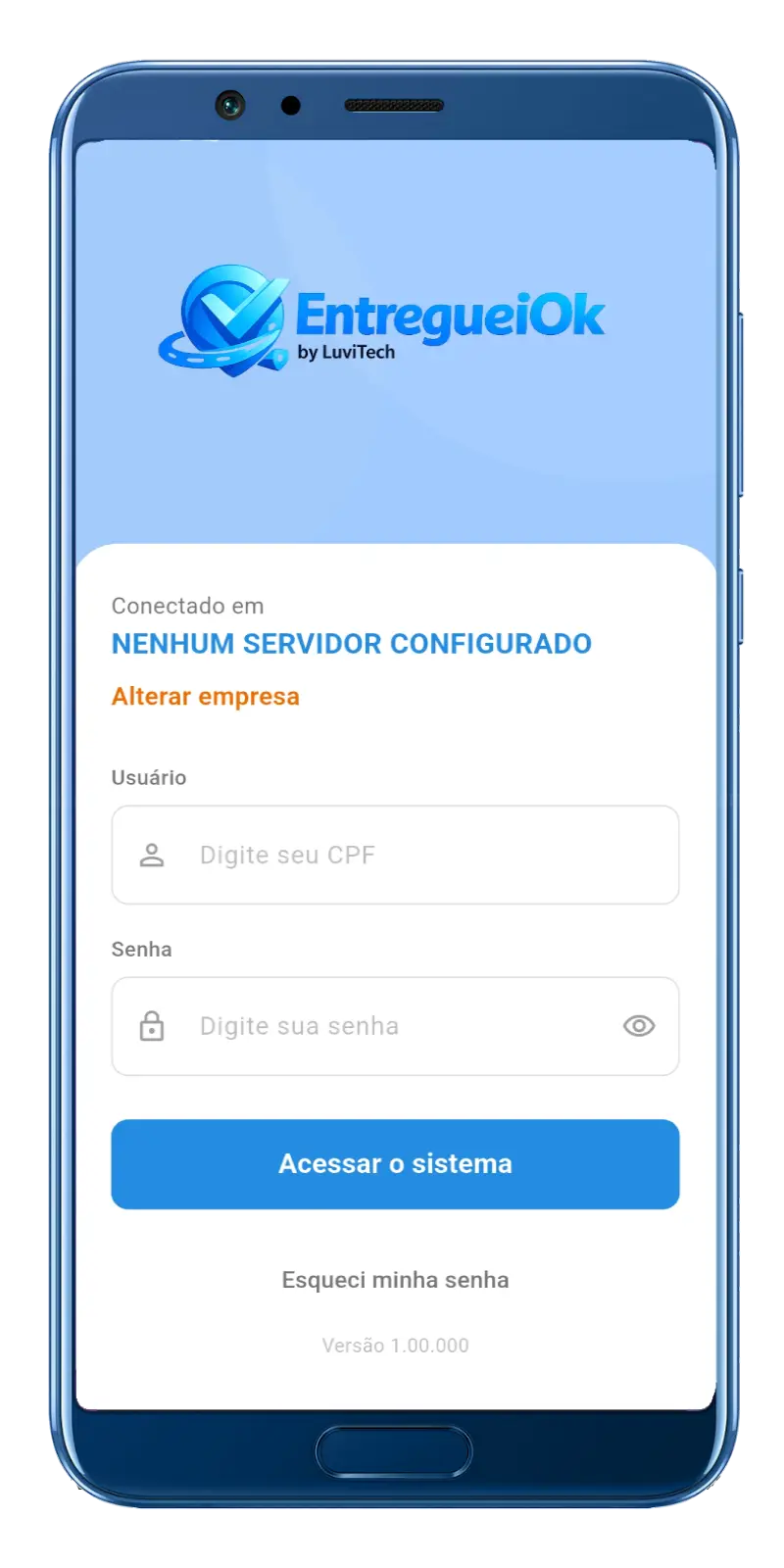 Tela de login do app EntregueiOk, com campos de CPF e senha.