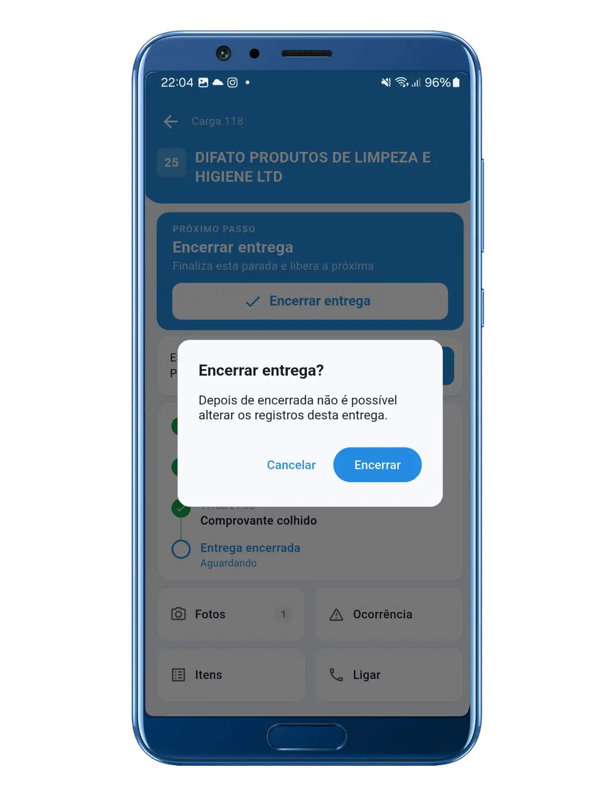 Tela de encerramento da entrega no app, fechando o atendimento do cliente.