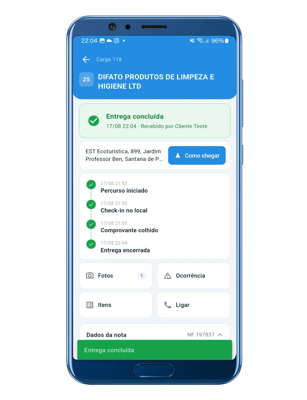 Entrega concluída no app, com a linha do tempo do percurso, check-in e comprovante.