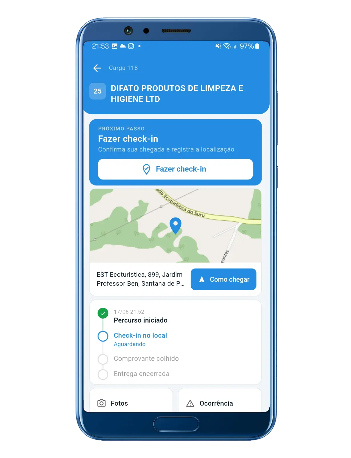 Tela de check-in na chegada ao endereço do cliente.