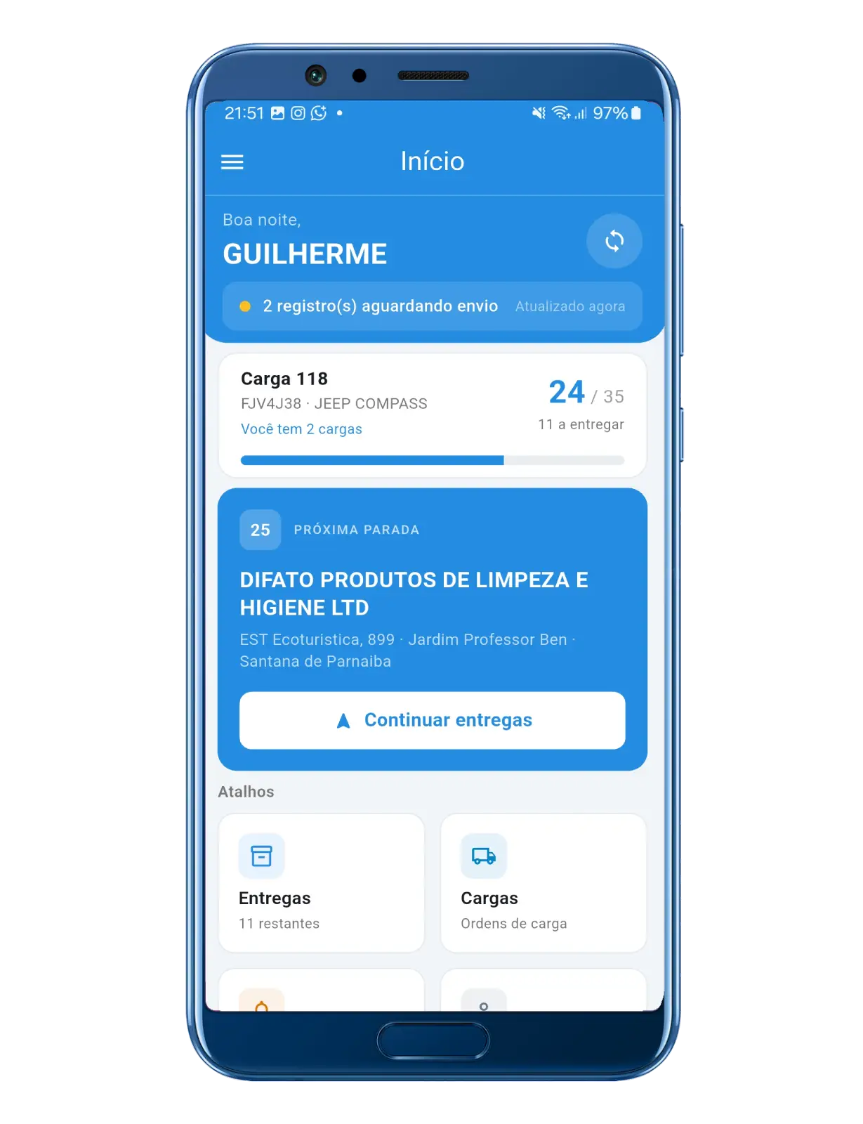 Tela inicial do app do motorista, com a carga do dia, o progresso de entregas e a próxima parada.
