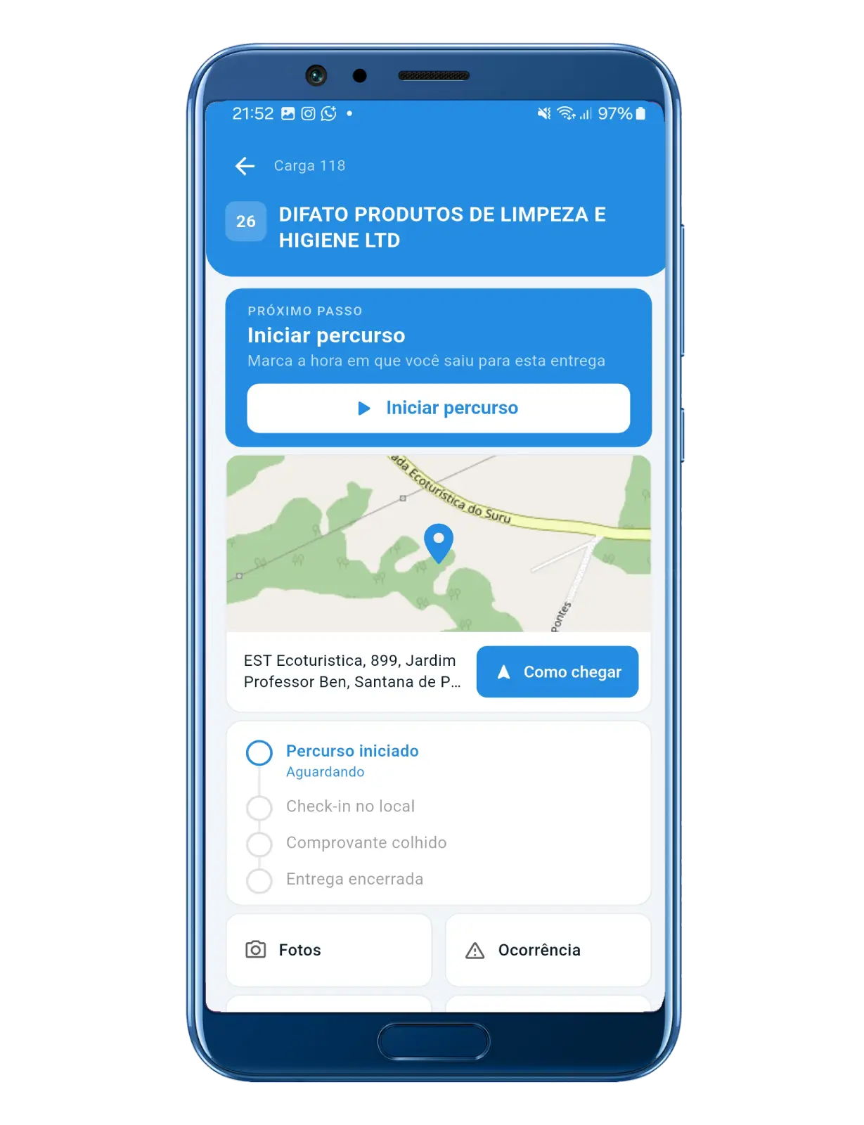 Tela do app com o botão de iniciar percurso para a próxima entrega.