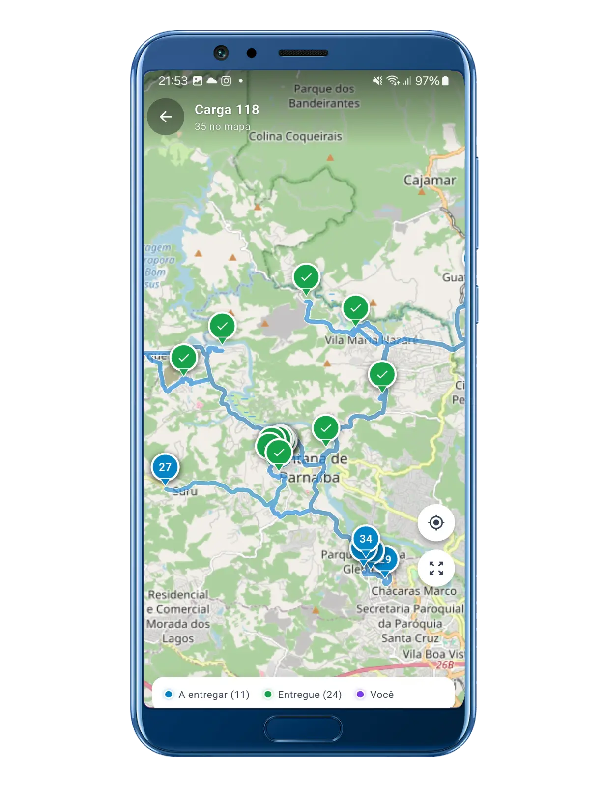 Mapa do app com todos os pinos numerados da carga e a rota traçada.