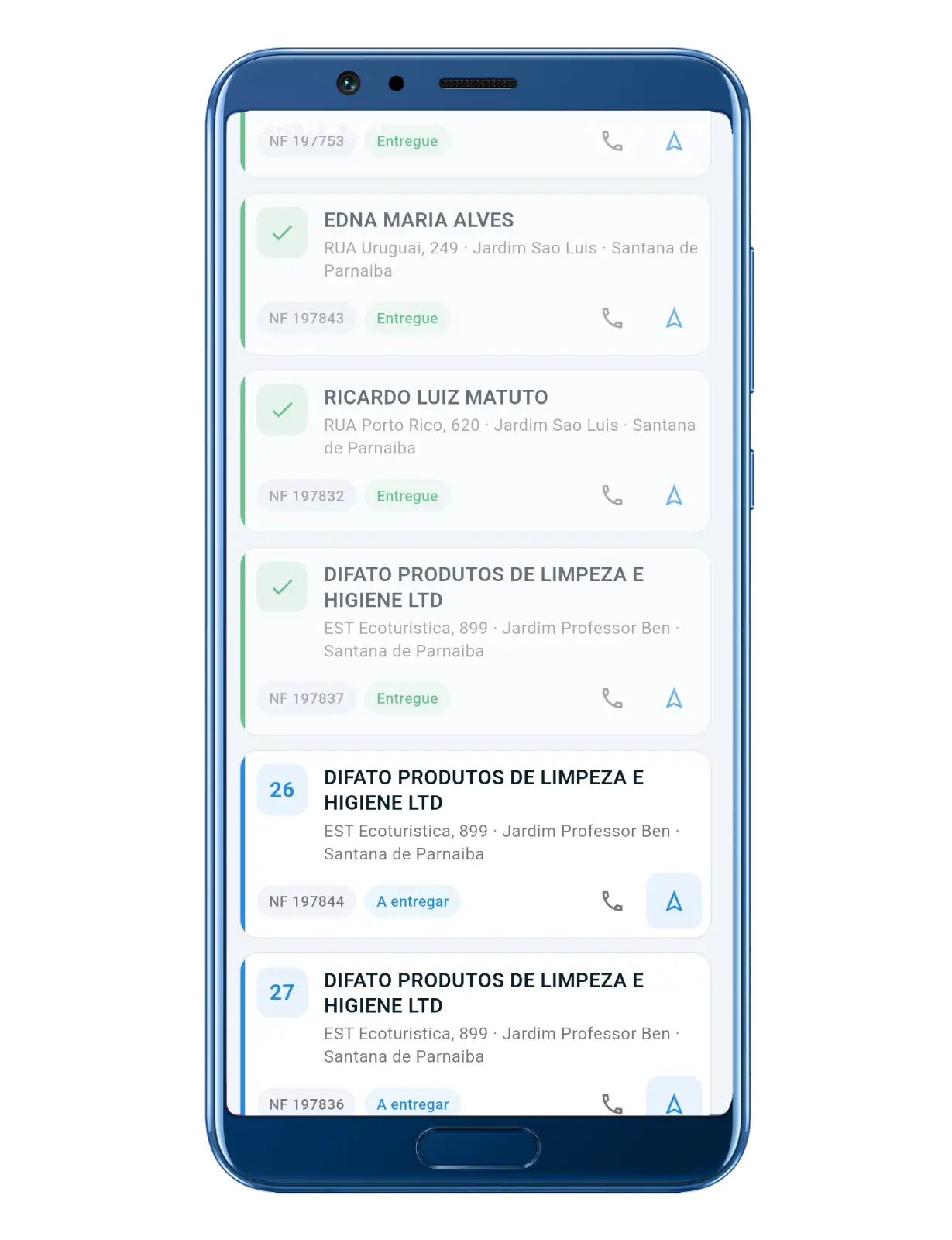 Progresso da carga no app, com as entregas concluídas e as restantes.