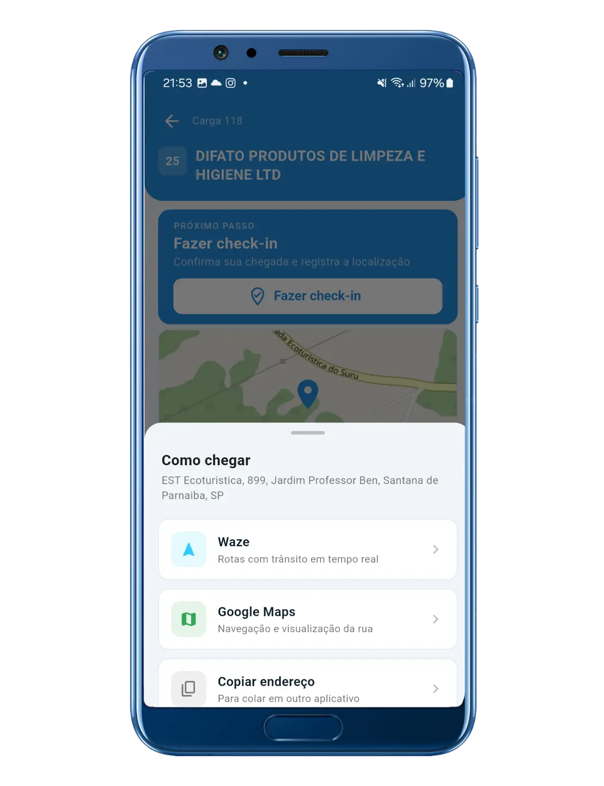 Opção Como chegar no app, abrindo a navegação pelo Waze ou Google Maps.