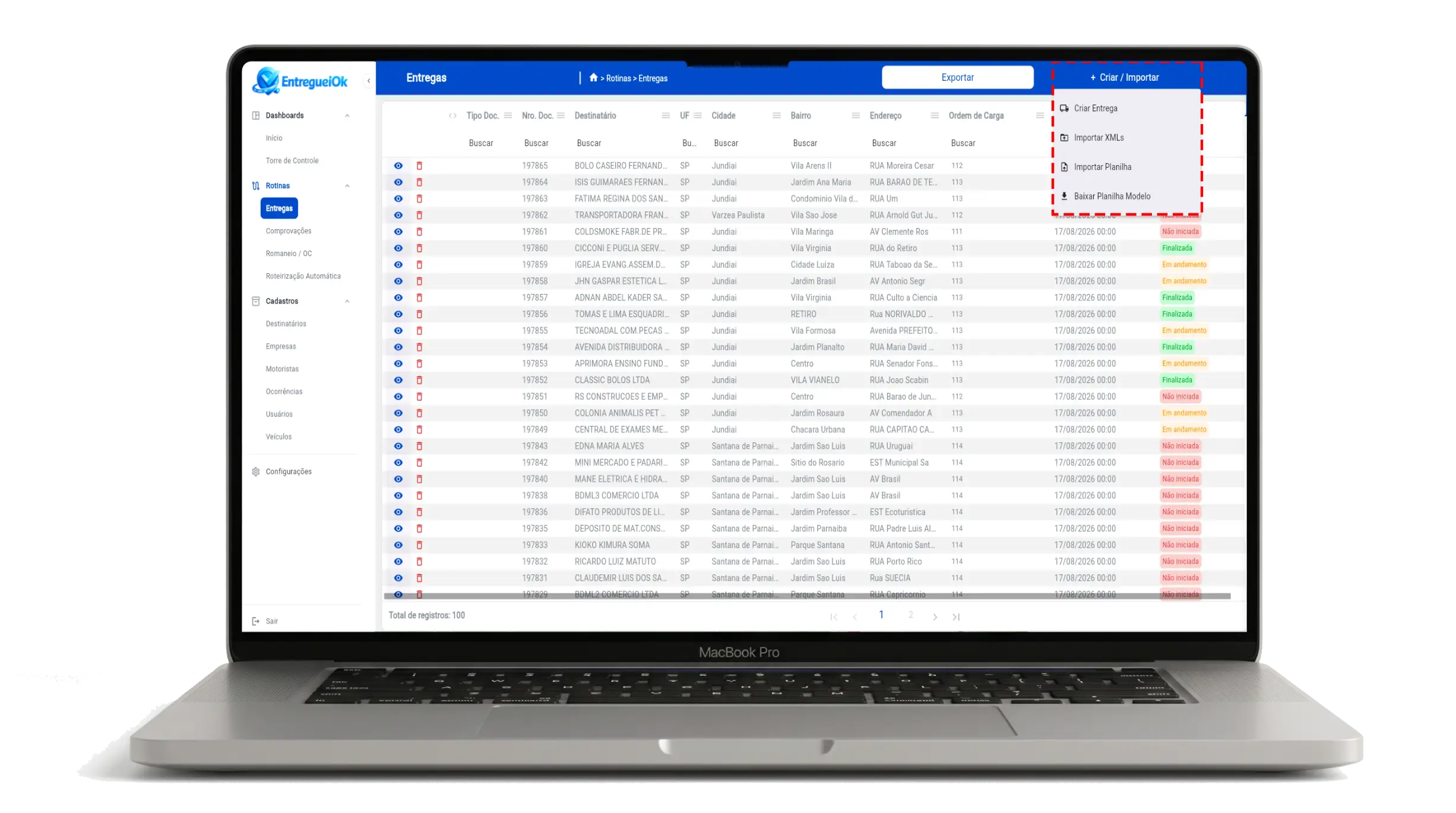 Tela de Entregas do EntregueiOk com a grade de notas importadas e o menu Criar / Importar aberto, mostrando as opções Importar XMLs, Importar Planilha e Baixar Planilha Modelo.