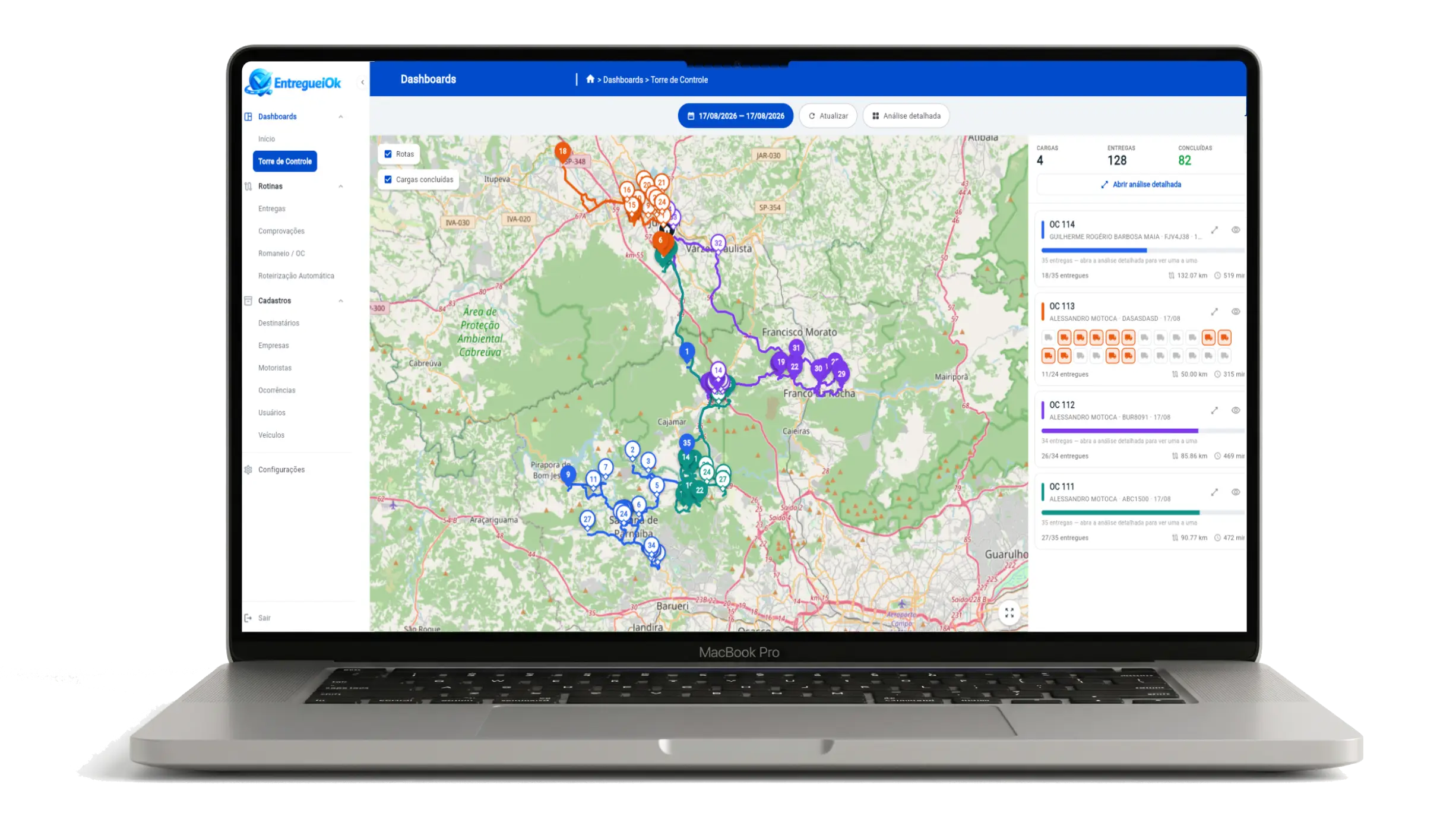 Torre de Controle do EntregueiOk aberta num notebook, com o mapa das rotas do dia e a lista de ordens de carga em andamento.
